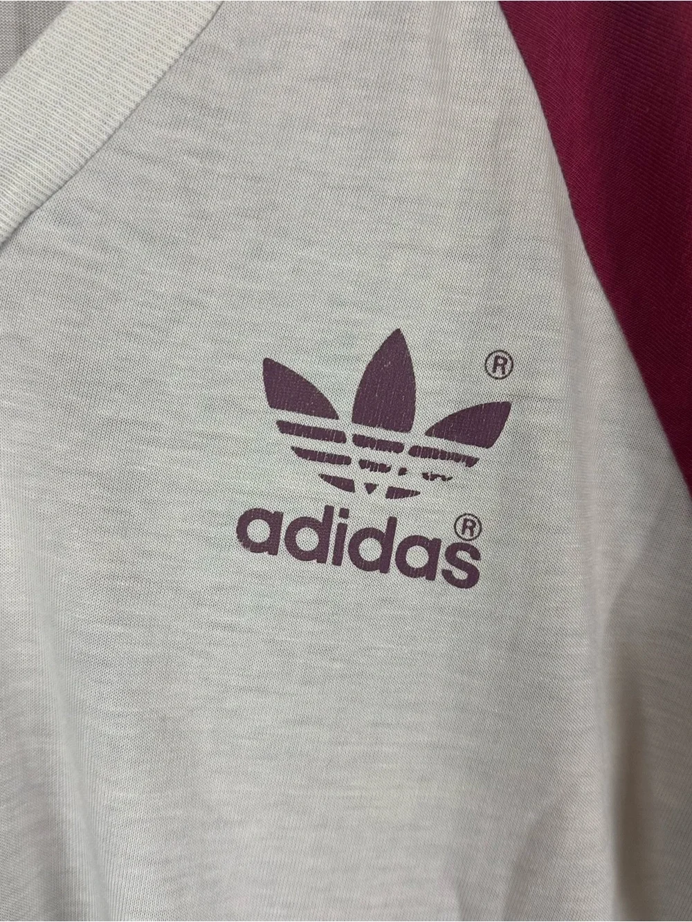 Vintage 80’s Adidas Gray Tee with Burgundy Raglan Sleeves and Trefoil Logo